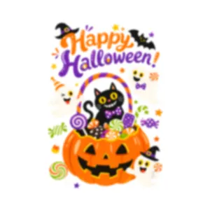 Festive Halloween window sticker featuring a pumpkin candy bucket, black cat and cute ghosts