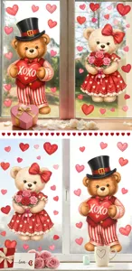 Stickers de fenêtre ours de la Saint-Valentin avec roses et cœurs pour décorations vitres