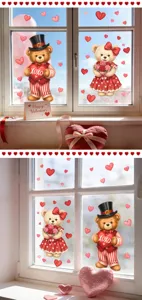 Vue détaillée des autocollants statiques d'ours et de cœurs de la Saint-Valentin sur vitre