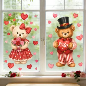 Autocollant de Fenêtre Couple d'Ours Teddy Saint-Valentin Électrostatique PVC Porte en Verre Rose XOXO Cœur Décoration