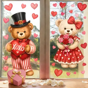 Autocollants de fenêtre ours de la Saint-Valentin avec cœurs et bouquet de roses