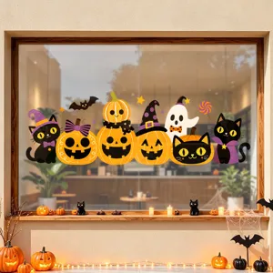 Halloween Static Window Sticker Cute Black Cat Pumpkin Ghost PVC Double Sided Decal For Store Glass Door Window Decor