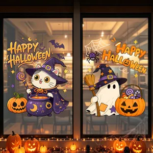 Halloween Static Cling Window Stickers Cartoon Ghost Cat Pumpkin Bat Wizard Hat Pattern PVC Glass Door Decals For Shop Home Party Decor
