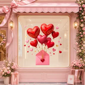 Romantic Valentine's Day heart balloon and envelope static window stickers for storefront decor