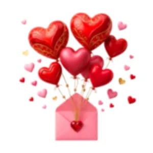 Valentine's Day heart-shaped balloons floating from a pink envelope window sticker