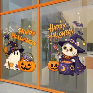 Halloween window decals featuring cartoon ghost and wizard cat with pumpkins