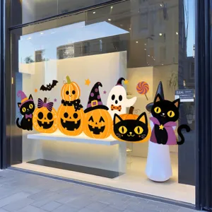Cute Halloween window stickers set with black cats, pumpkins and ghosts for home decor