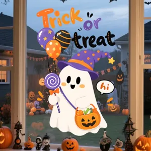 Adesivo statico per finestre Halloween con fantasma cartoon, cesto zucca e scritte