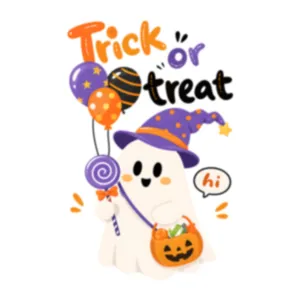 Simpatico adesivo fantasma di Halloween con palloncini e cesto di zucca per finestre