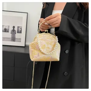 Elegant vintage silk embroidered handbag with pearl handle and gold chain strap detail