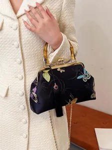 Bolso Qipao vintage bordado con mariposas, asa de bambú y una borla elegante