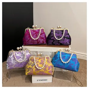 Bestickte Vintage-Handtaschen im chinesischen Stil mit Perlengriffen und Kette in 5 Farben