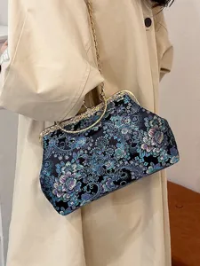 Borsa a Mano in Stile Cinese con Stampa Floreale Vintage in Velluto Chiusura a Scatto Elegante Retrò con Manico in Metallo e Catena per Donna