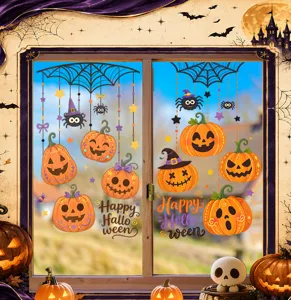 Static Halloween window stickers featuring cartoon pumpkins and spiders on glass