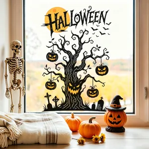 Spooky Halloween window stickers with black tree and pumpkins for home decor