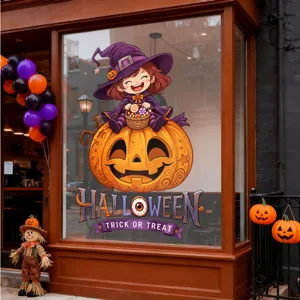Cute Halloween cartoon witch on pumpkin window sticker for shop storefront glass decor