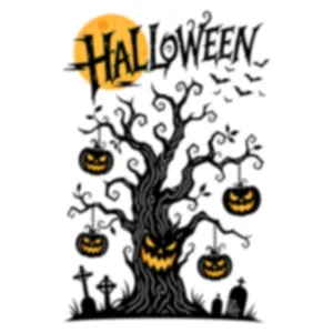 Spooky Halloween dead tree illustration with hanging pumpkins and moon window sticker decal
