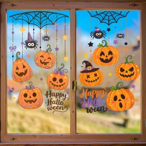 Festive Halloween pumpkin spider and witch hat static clings for window glass decoration