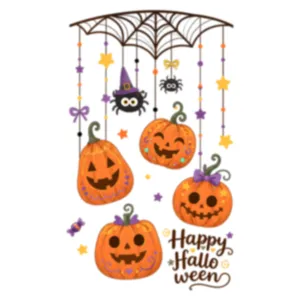 Cartoon Halloween pumpkin and spider window sticker with Happy Halloween greeting