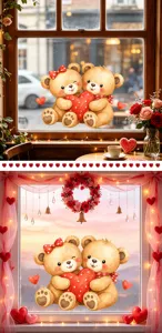 Valentine's Day cartoon bear couple holding a red heart static window decal sticker