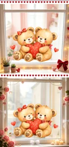 Cozy Valentine's Day window scene with cute couple bear and heart stickers for home decor