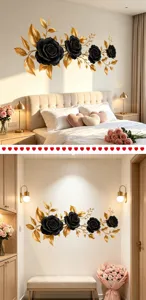 Elegantes calcomanías de pared con rosas negras y hojas doradas en un dormitorio moderno