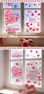 Vue détaillée des stickers de fenêtre cœurs et ballons roses pour la Saint-Valentin