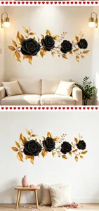 Vinilos decorativos de rosas negras y hojas doradas para pared elegante