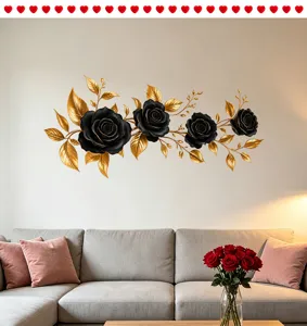 Vista detallada de adhesivos de pared de rosas negras y hojas doradas decorativas