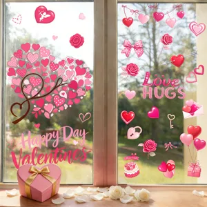 Autocollants de Fenêtre Coeur Saint Valentin Rose Rouge Adhérence Statique Ballon Cupidon Décalcomanies pour Vitre Porte