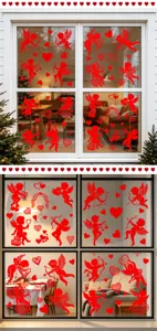 Rote Valentinstag Amor und Herz statische Fensteraufkleber auf einer Glasoberfläche