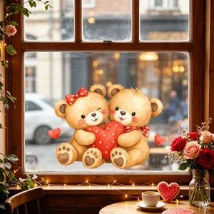 Valentine's Day Cartoon Teddy Bear Heart Static Window Sticker PVC UV Printed Romantic Glass Door Cling Home Decor
