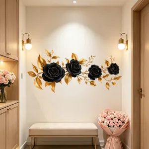 Adhesivo de pared 3D de rosas negras y hojas doradas para decoración de interiores elegante