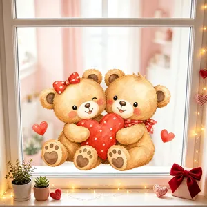 Watercolor Valentine's Day teddy bear window static sticker with red heart patterns