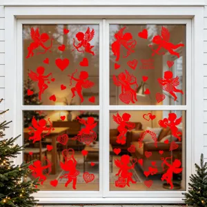 Rote Amor- und Herz-Fensteraufkleber zum Valentinstag auf einer Glasscheibe angebracht