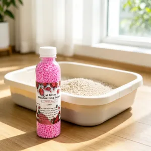 Cat litter deodorizing beads bottle detail shot, pink rose scent fragrance refresher granules.