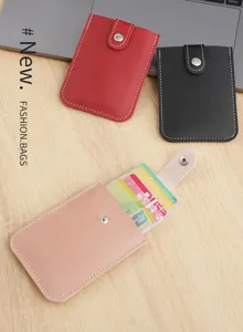 Portable PU leather card holder with snap button, multi-slot layered wallet for women and men.