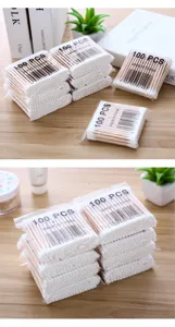 Disposable wooden cotton swabs double-tipped 100 pcs per pack for daily makeup and cleaning.