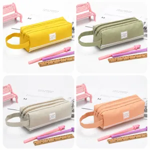 Korean style large capacity double layer canvas pencil case handheld zipper student stationery bag