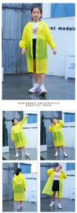 Children solid color hooded raincoat detail view, transparent waterproof children rainwear gear.