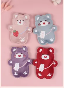 Cute plush hot water bottle set with cartoon bear design, soft cover, 4 vibrant colors.