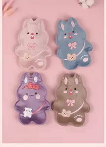 Cute cartoon plush hot water bag hand warmer set, soft rabbit winter belly warming pouch.