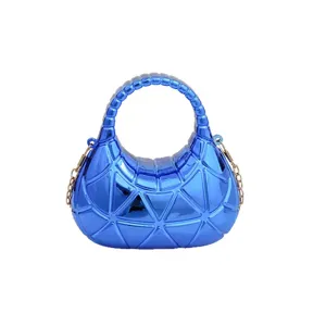 Blue metallic geometric hard shell evening bag with chain strap for women fashion