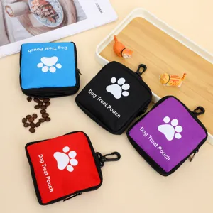 Waterproof faux leather dog treat pouch with zipper and hook, 4 colors available for pet training.