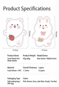 Cartoon plush hot water bag cute bear and rabbit design portable warm hand water pouch.