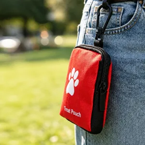 Portable dog treat pouch with carabiner clip and zipper closure for pet training outdoors.