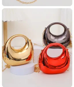 Mini crescent acrylic crossbody bag with metal chain, stylish women's coin lipstick bag.
