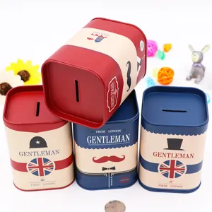 British style square metal tin coin bank creative gentleman cartoon savings jar pen holder