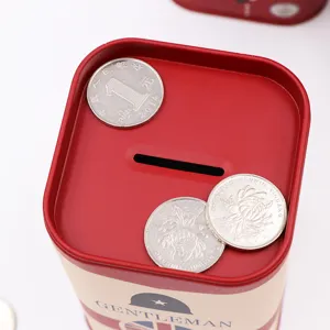 Square metal tinplate piggy bank with British gentleman design and coin slot. Perfect money box.