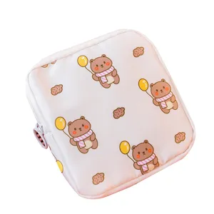 Portable cute cartoon bear sanitary napkin storage bag, multi-functional mini zipper pouch.